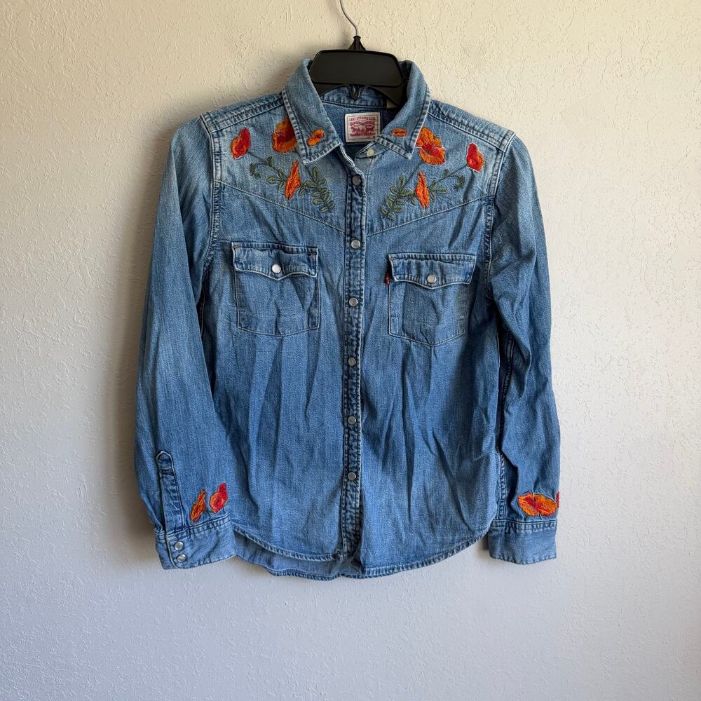 Levi’s Western Mid Blue California Poppy Embroidered Denim Button Top Women XS